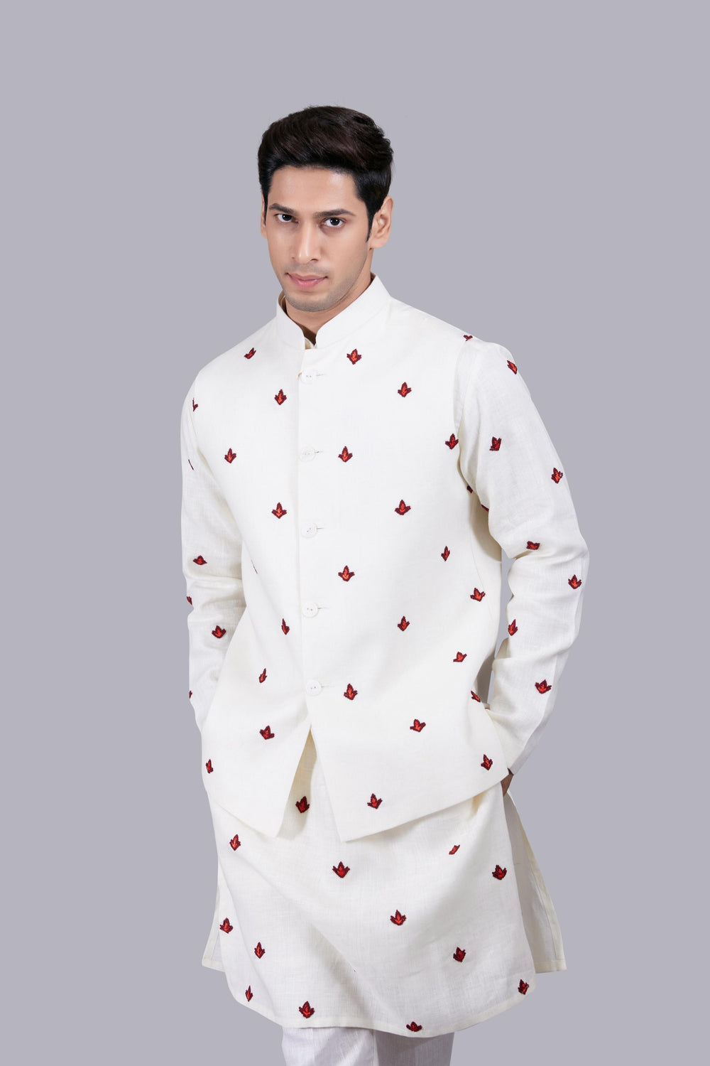 CREAM LINEN HAND RESHAM WORK BUNDI SET