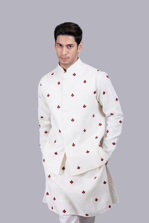 CREAM LINEN HAND RESHAM WORK BUNDI SET