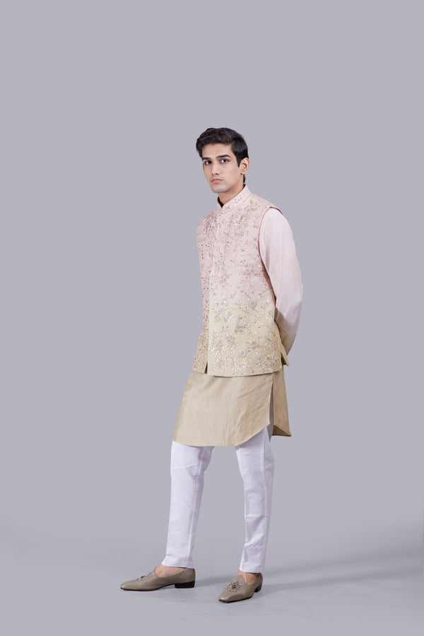 BABY PINK LINEN SILK THREAD ARI WORK BUNDI SET
