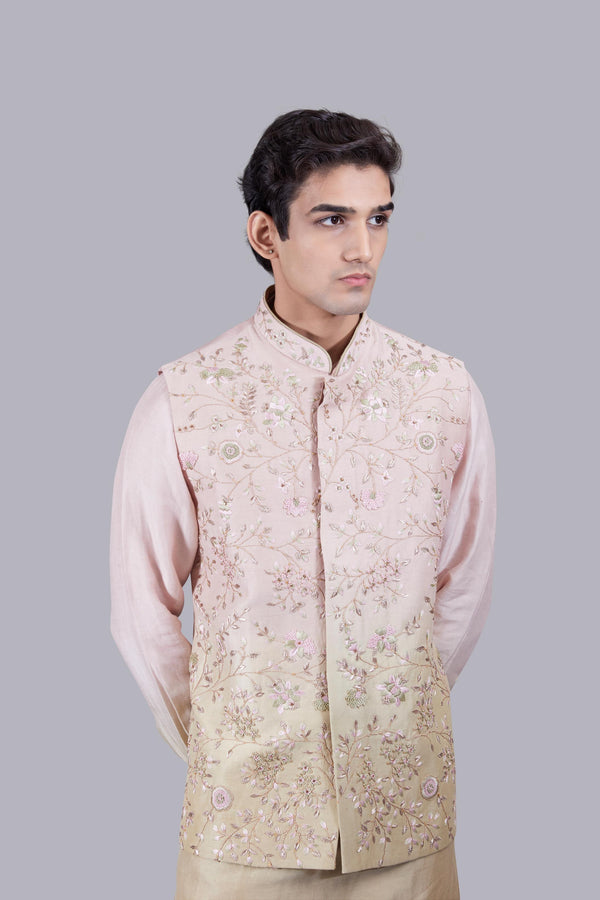 BABY PINK LINEN SILK THREAD ARI WORK BUNDI SET