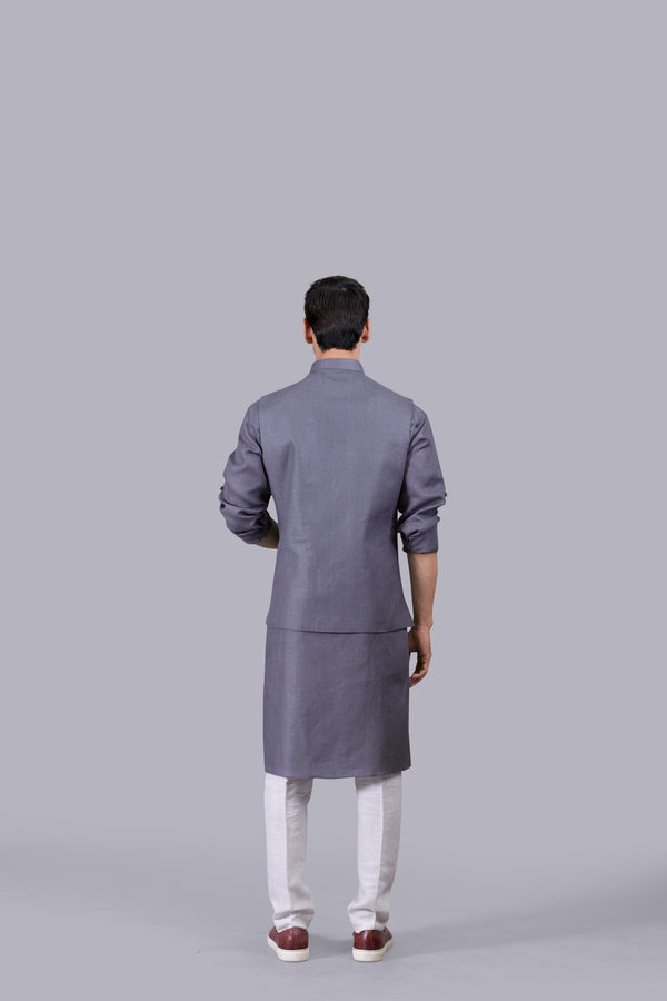 GREY LINEN PLAIN BUNDI SET