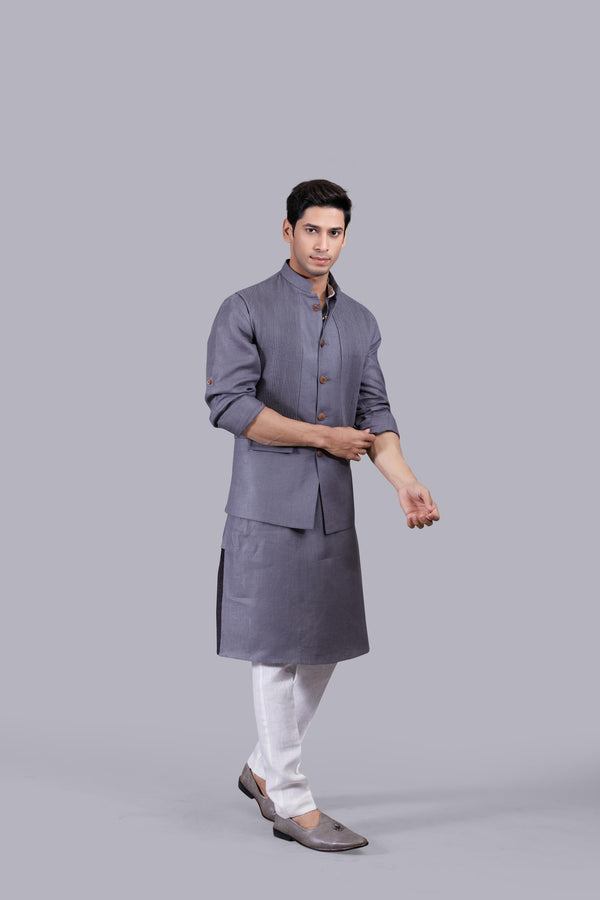 GREY LINEN PLAIN BUNDI SET