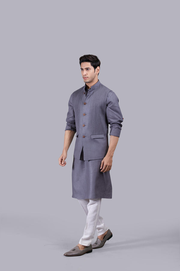 GREY LINEN PLAIN BUNDI SET