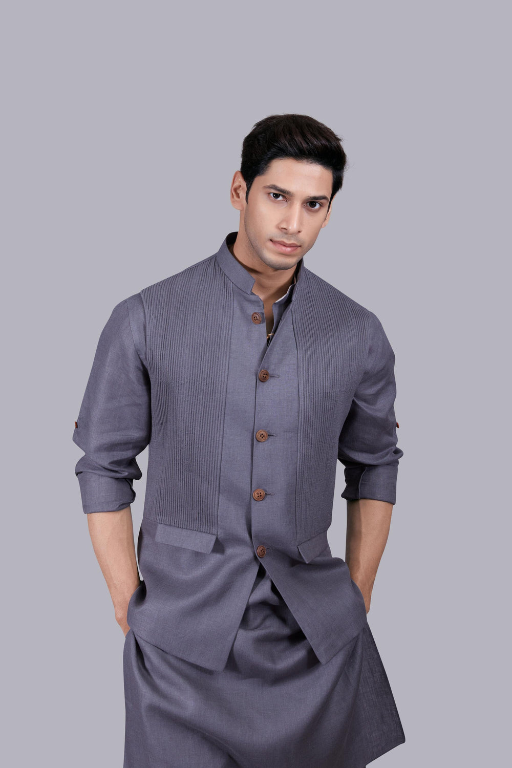 GREY LINEN PLAIN BUNDI SET