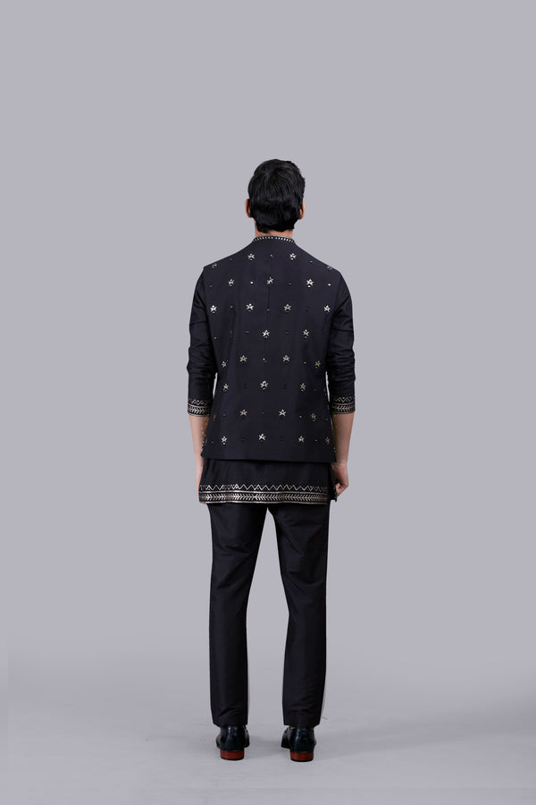 BLACK CHANDERI SILK LEATHER WORK BUNDI SET