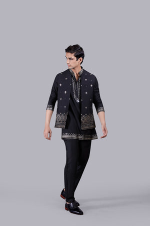 BLACK CHANDERI SILK LEATHER WORK BUNDI SET
