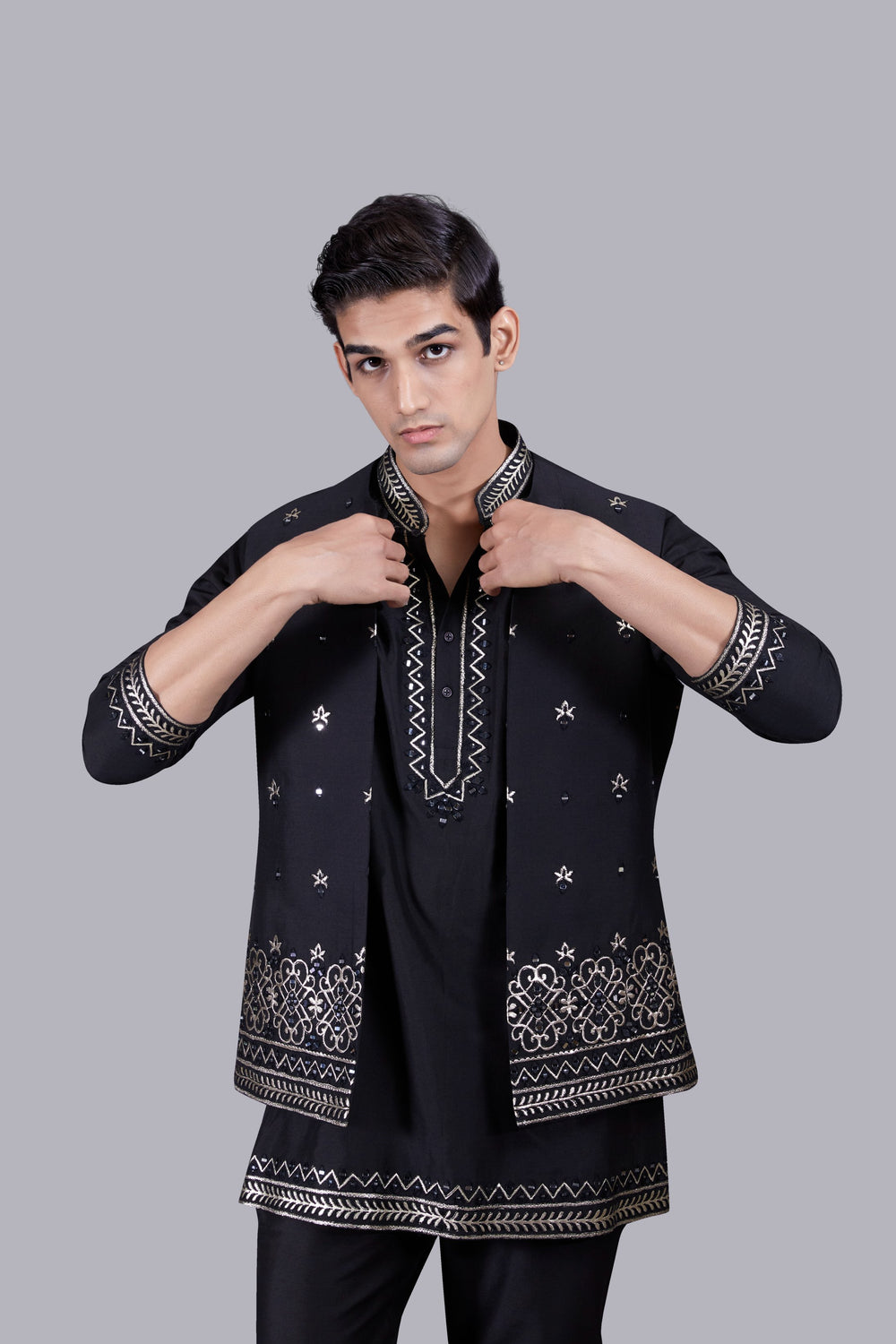 BLACK CHANDERI SILK LEATHER WORK BUNDI SET