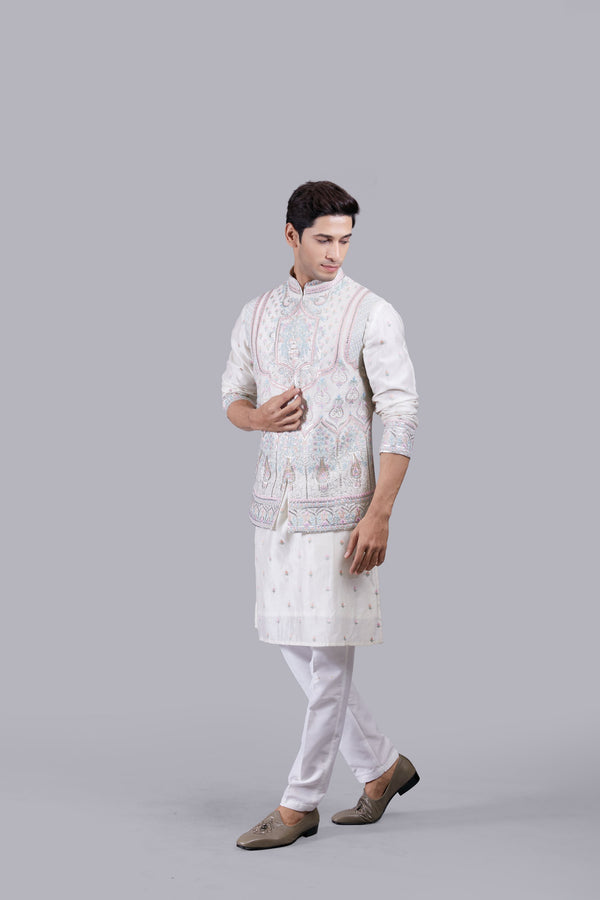 IVORY MATKA SILK EMBROIDERY WORK BUNDI SET