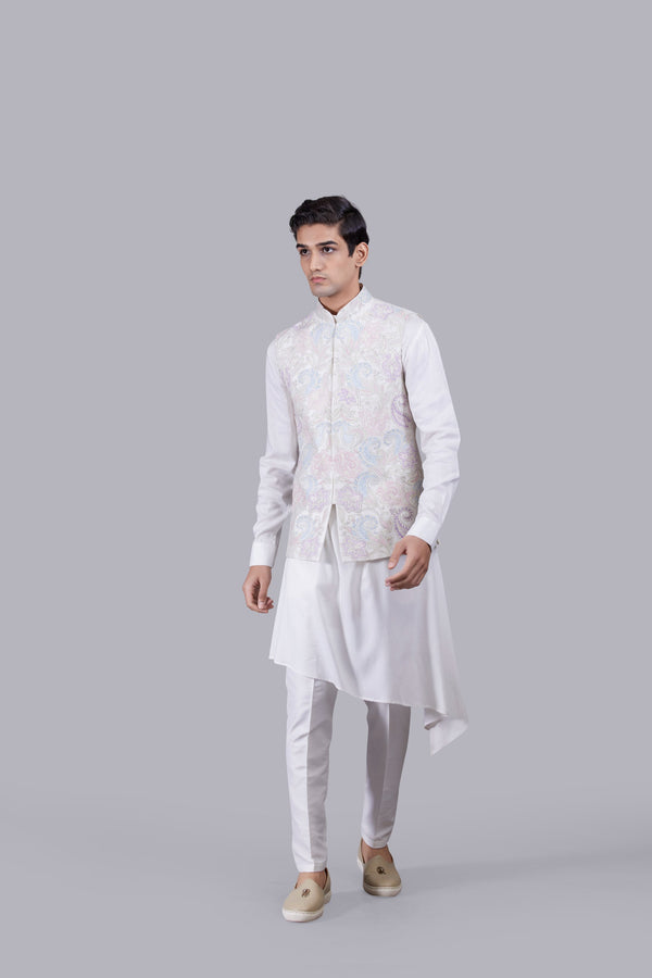 OFF WHITE MATKA SILK THREAD WORK BUNDI SET