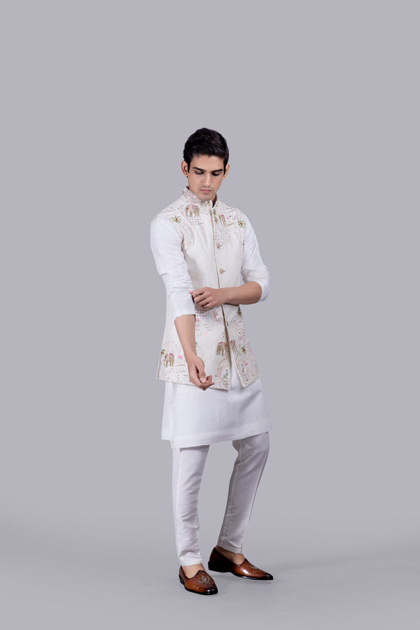 OFF WHITE CHANDERI SILK THREAD WORK BUNDI SET