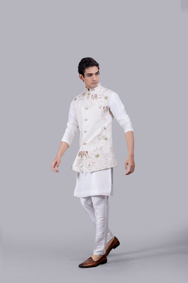 OFF WHITE CHANDERI SILK THREAD WORK BUNDI SET