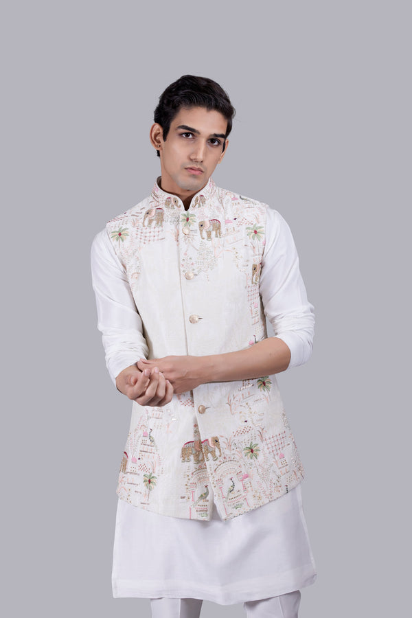 OFF WHITE CHANDERI SILK THREAD WORK BUNDI SET