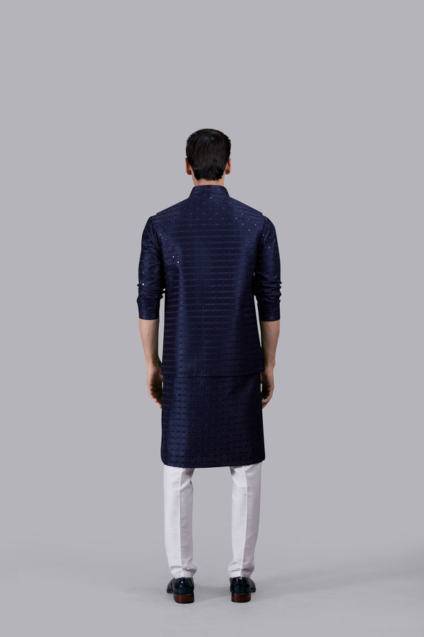 NAVY BLUE SILK SEQUENCE WORK BUNDI SET
