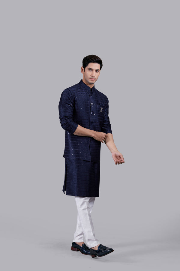 NAVY BLUE SILK SEQUENCE WORK BUNDI SET