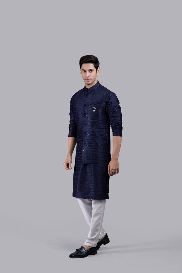 NAVY BLUE SILK SEQUENCE WORK BUNDI SET