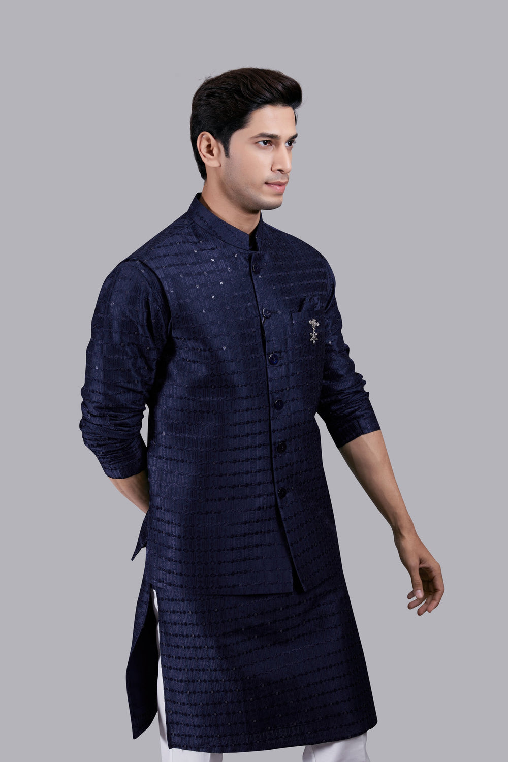 NAVY BLUE SILK SEQUENCE WORK BUNDI SET
