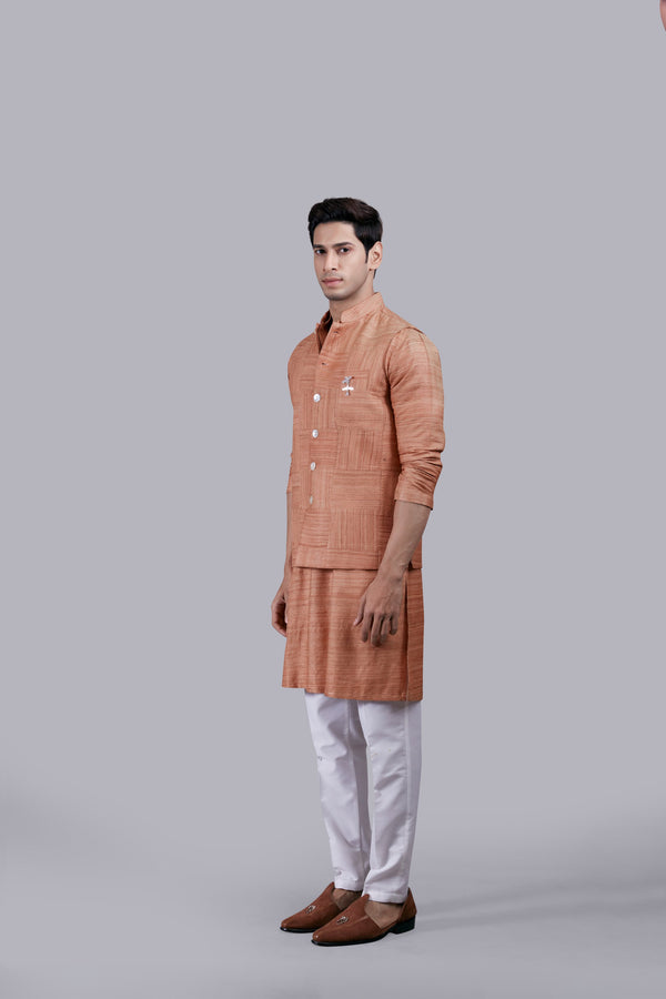 RUST KHADI SILK PLAIN BUNDI SET