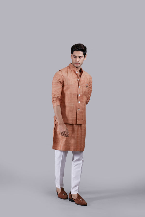 RUST KHADI SILK PLAIN BUNDI SET