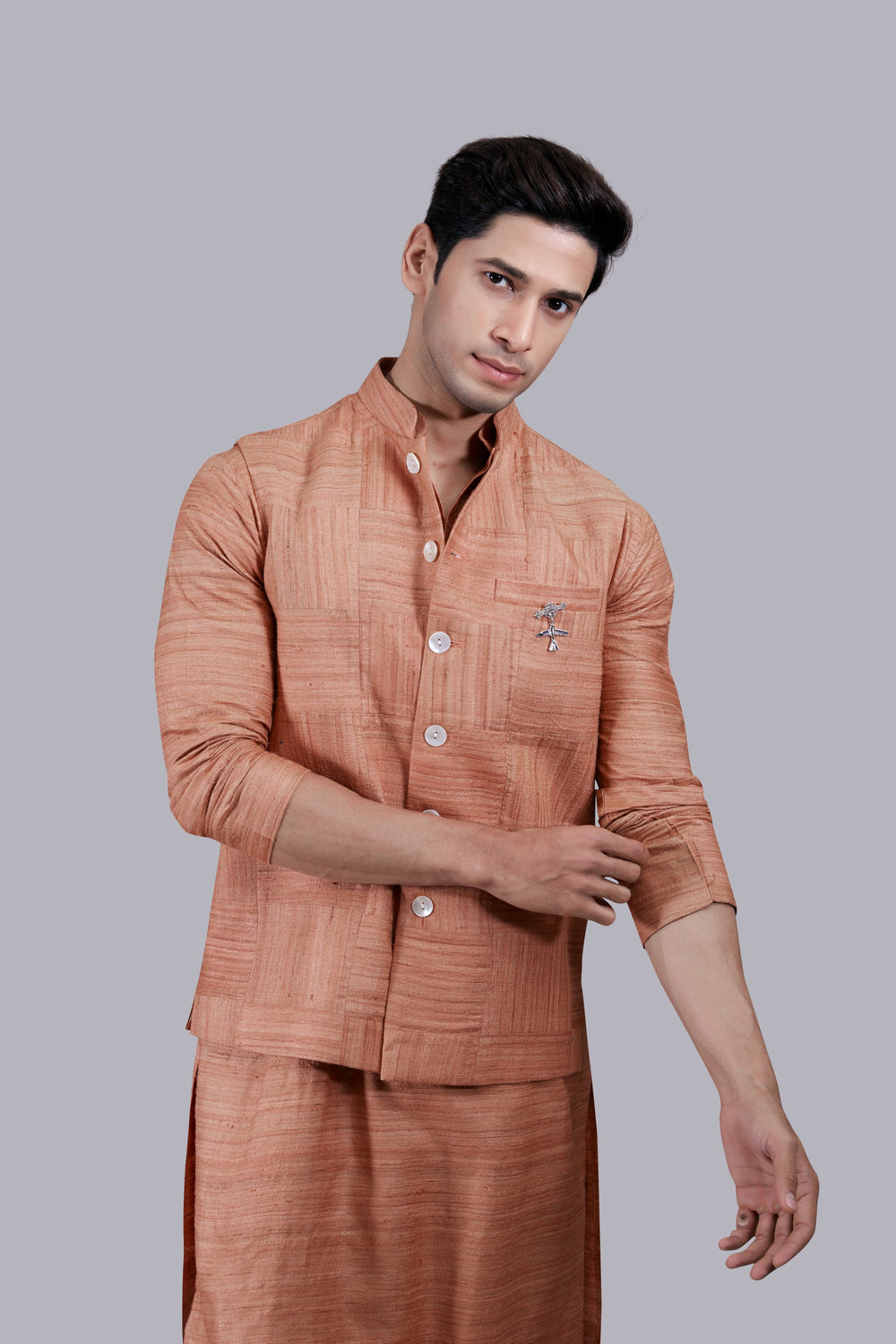 RUST KHADI SILK PLAIN BUNDI SET