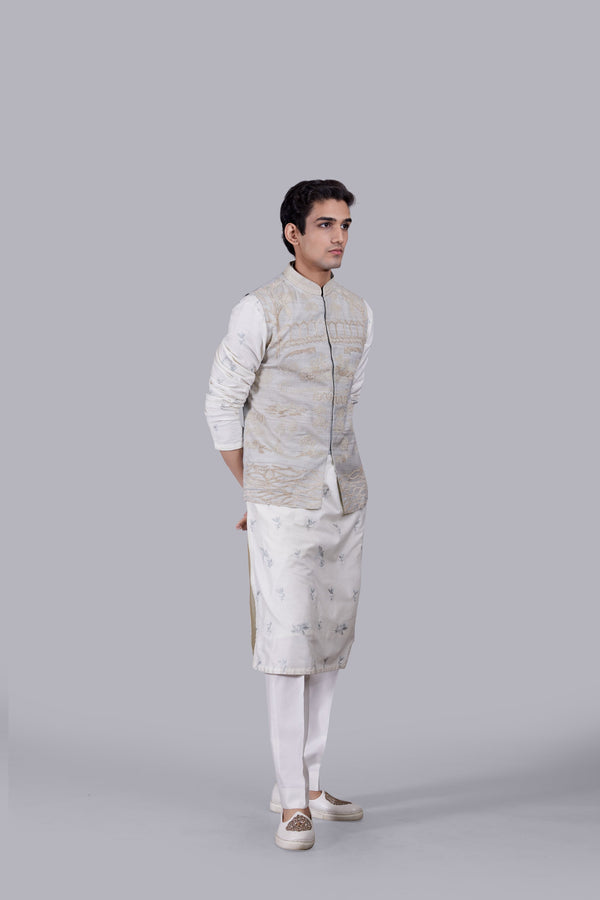 OFF WHITE CHANDERI SILK THREAD WORK BUNDI SET