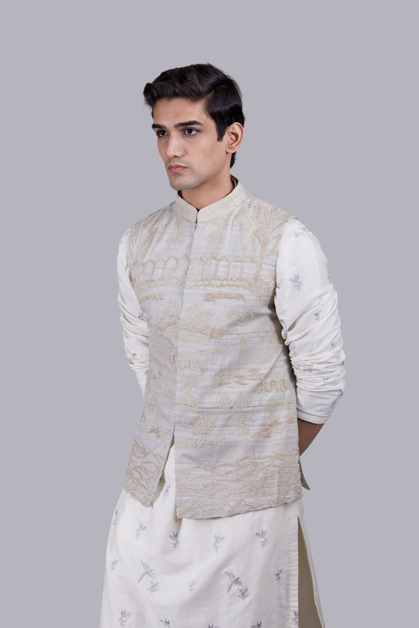 OFF WHITE CHANDERI SILK THREAD WORK BUNDI SET