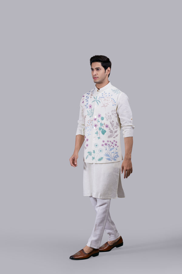 CREAM LINEN EMBROIDERY WORK BUNDI SET