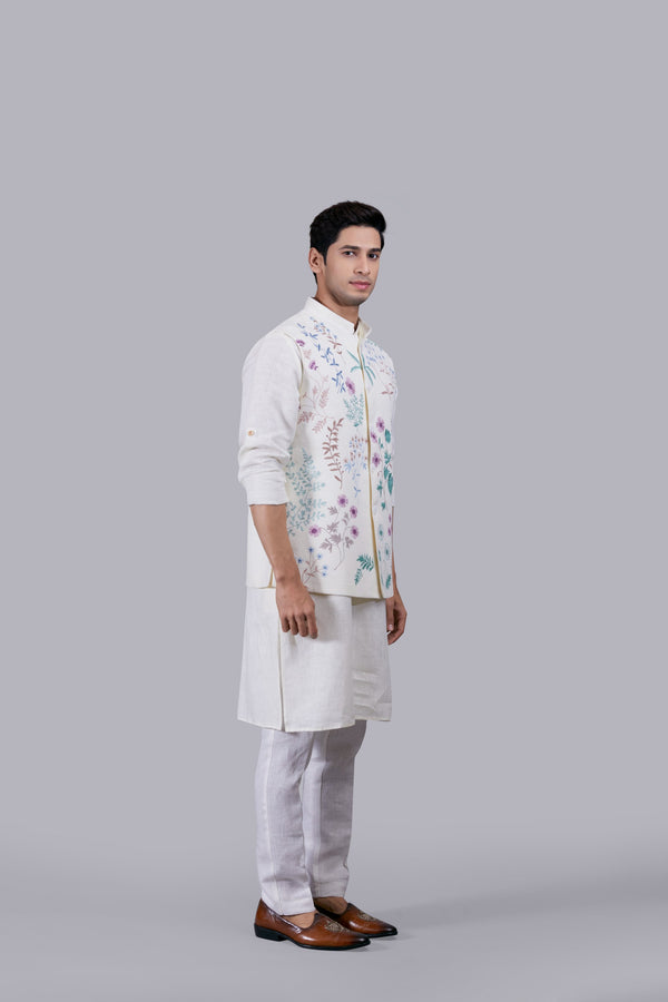CREAM LINEN EMBROIDERY WORK BUNDI SET