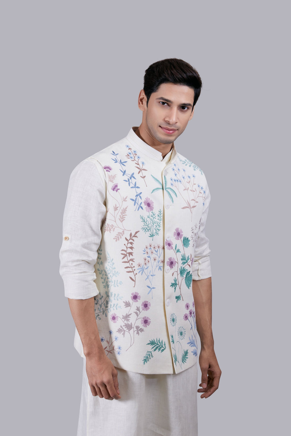 CREAM LINEN EMBROIDERY WORK BUNDI SET