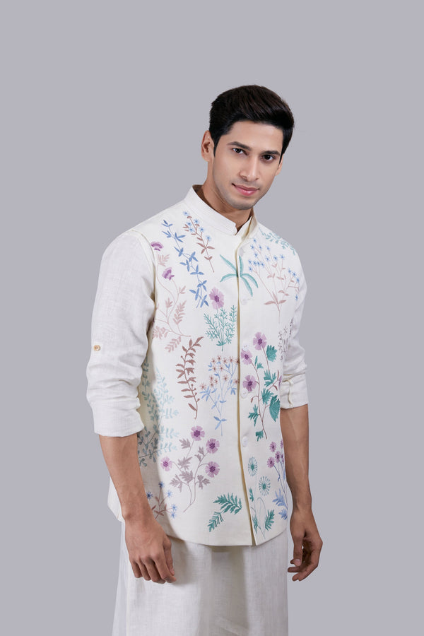 CREAM LINEN EMBROIDERY WORK BUNDI SET