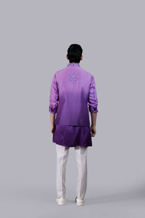 PURPLE SATIN SILK CUTDANA WORK BUNDI SET