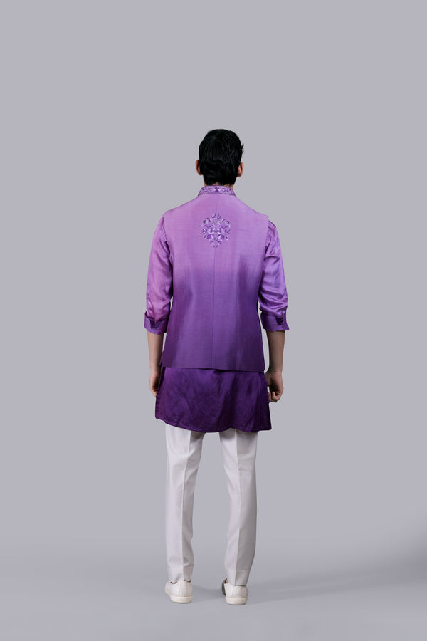 PURPLE SATIN SILK CUTDANA WORK BUNDI SET