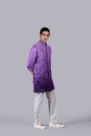PURPLE SATIN SILK CUTDANA WORK BUNDI SET
