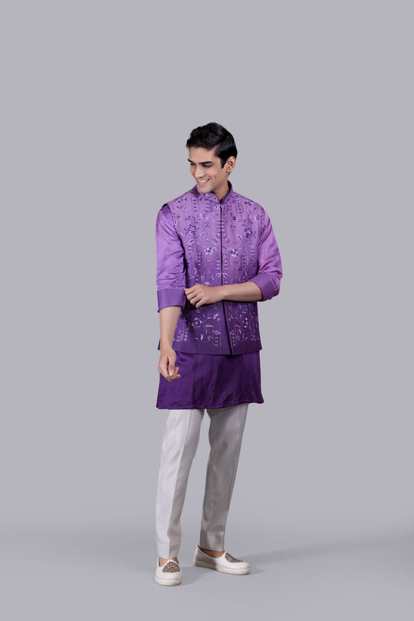 PURPLE SATIN SILK CUTDANA WORK BUNDI SET
