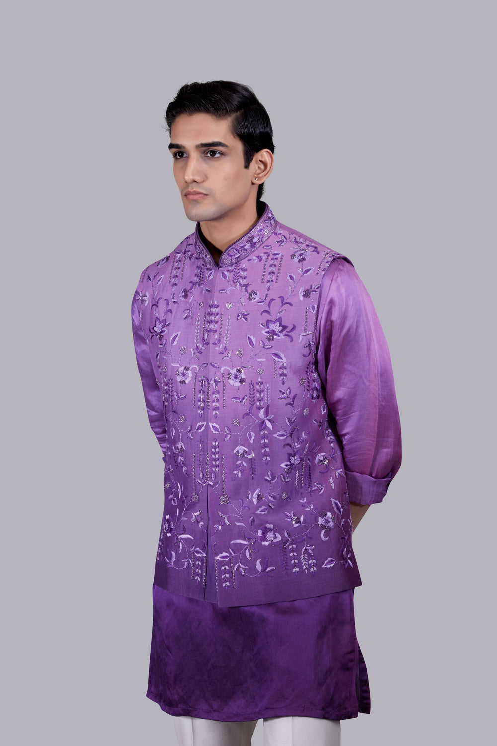 PURPLE SATIN SILK CUTDANA WORK BUNDI SET