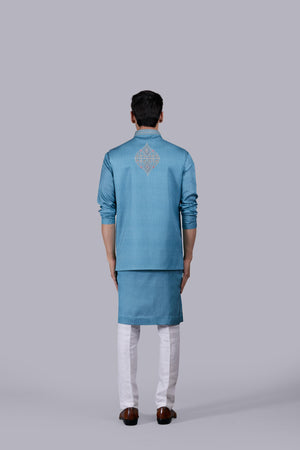 AQUA BLUE SILK EMBROIDERY WORK BUNDI SET