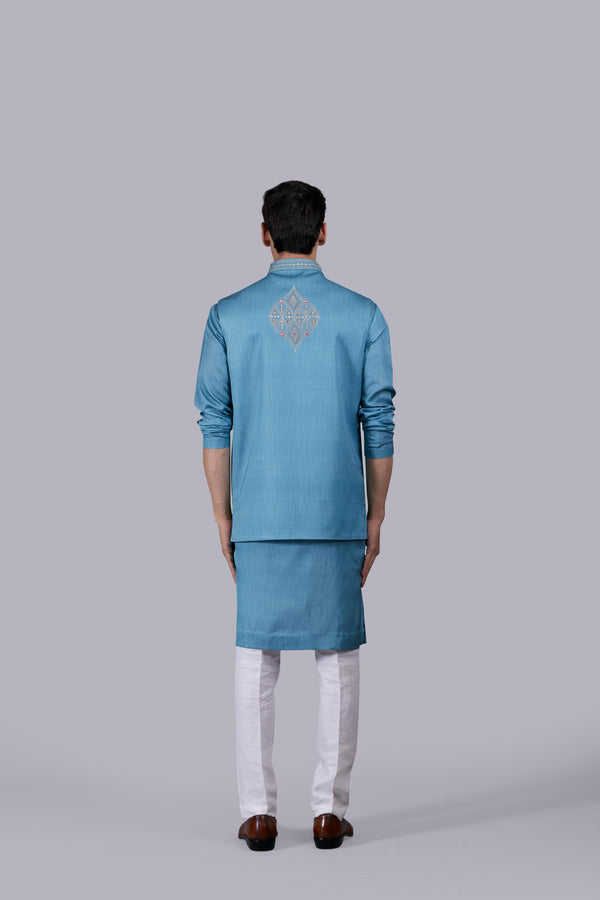 AQUA BLUE SILK EMBROIDERY WORK BUNDI SET