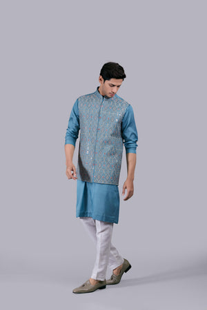 AQUA BLUE SILK EMBROIDERY WORK BUNDI SET