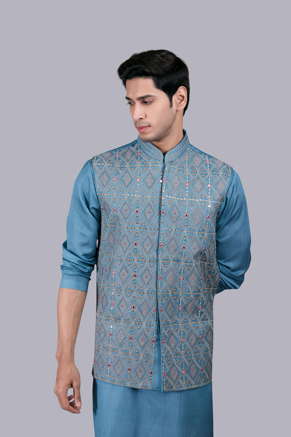 AQUA BLUE SILK EMBROIDERY WORK BUNDI SET