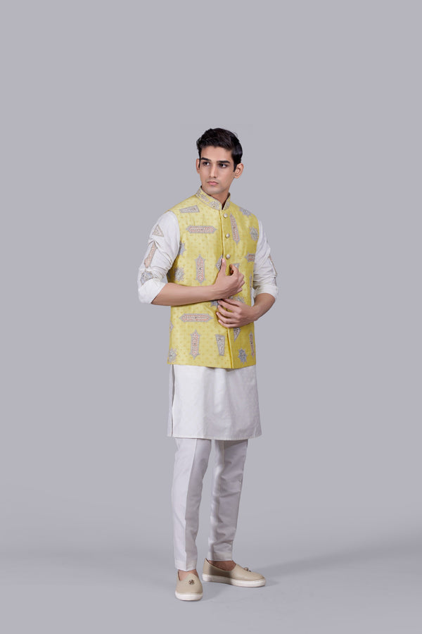 YELLOW RAW SILK HAND WORK BUNDI SET