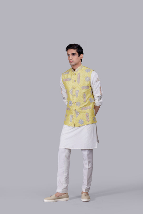 YELLOW RAW SILK HAND WORK BUNDI SET