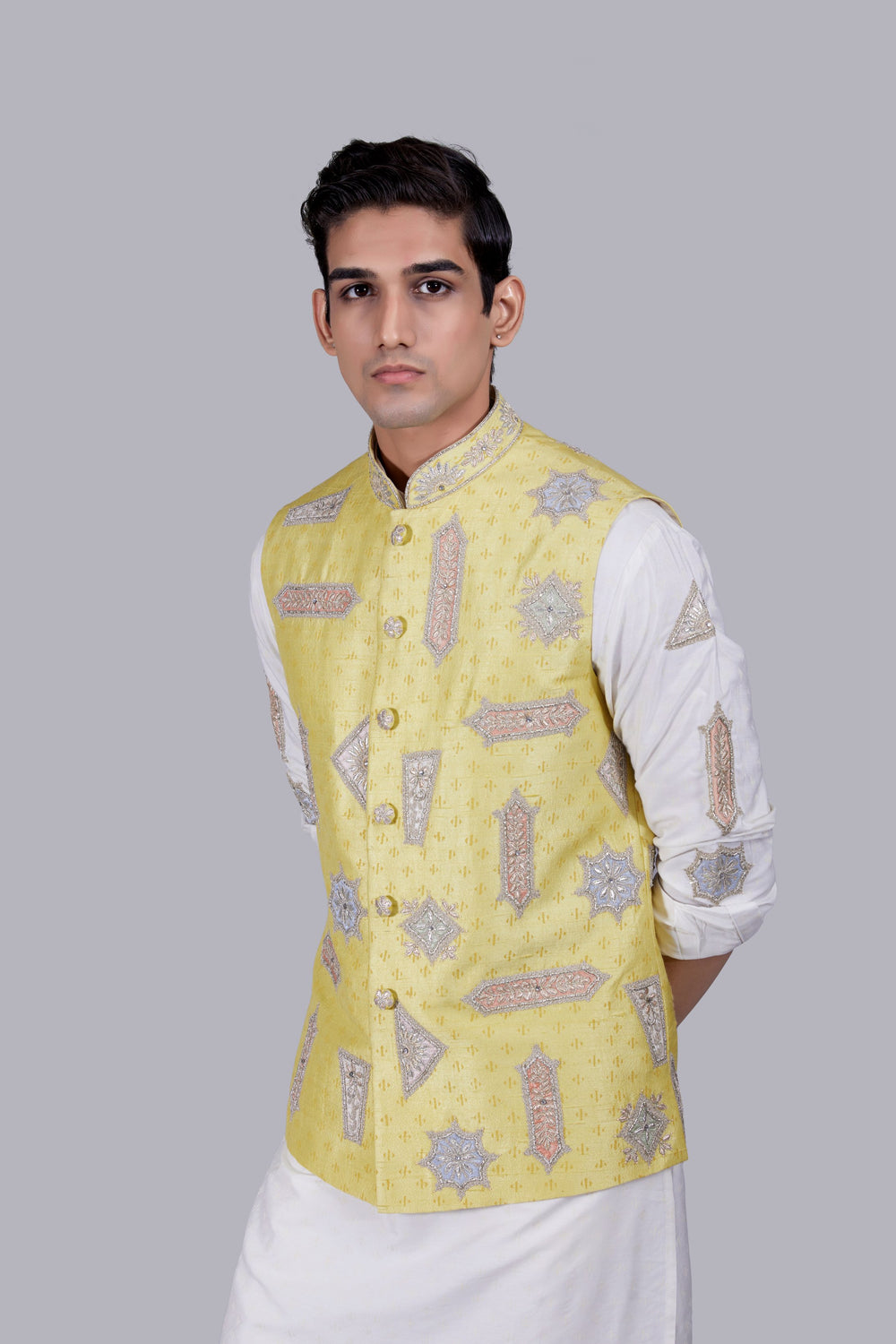 YELLOW RAW SILK HAND WORK BUNDI SET