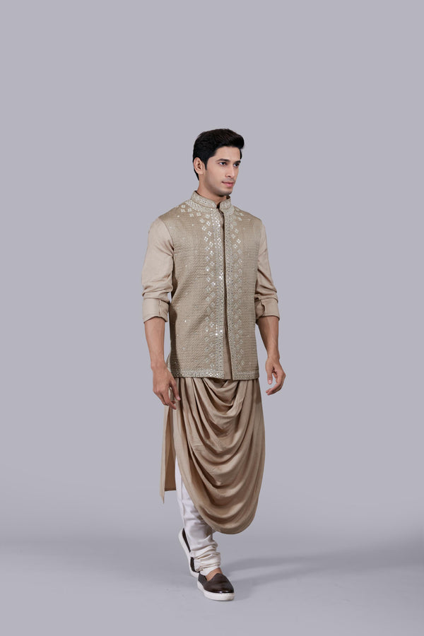 CREAM BHAGALPURI SILK THREAD WORK BUNDI SET