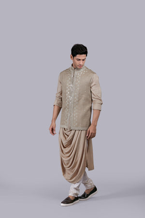CREAM BHAGALPURI SILK THREAD WORK BUNDI SET