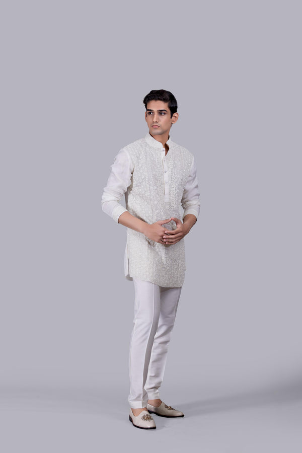 OFF WHITE TISSUE SILK PEARL WORK KURTA