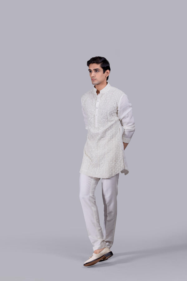OFF WHITE TISSUE SILK PEARL WORK KURTA