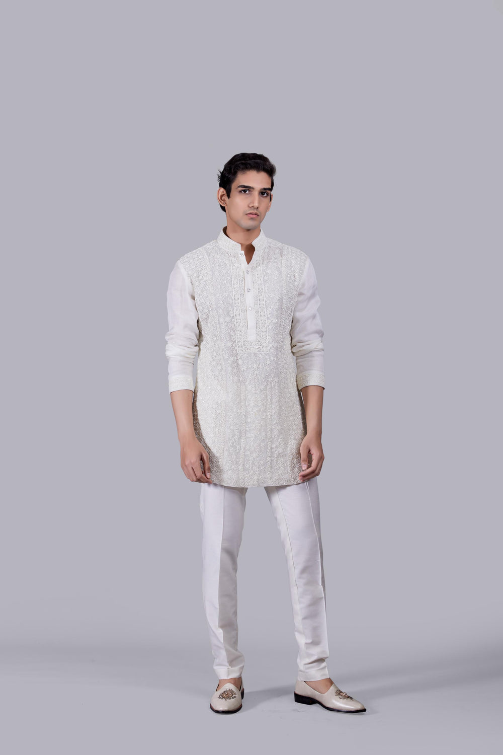 OFF WHITE TISSUE SILK PEARL WORK KURTA