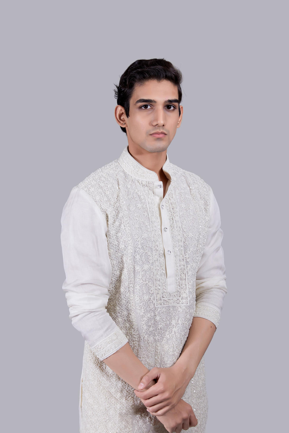 OFF WHITE TISSUE SILK PEARL WORK KURTA