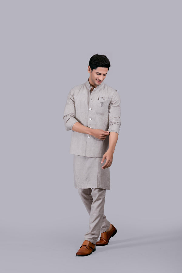 BEIGE LINEN PLAIN BUNDI SET