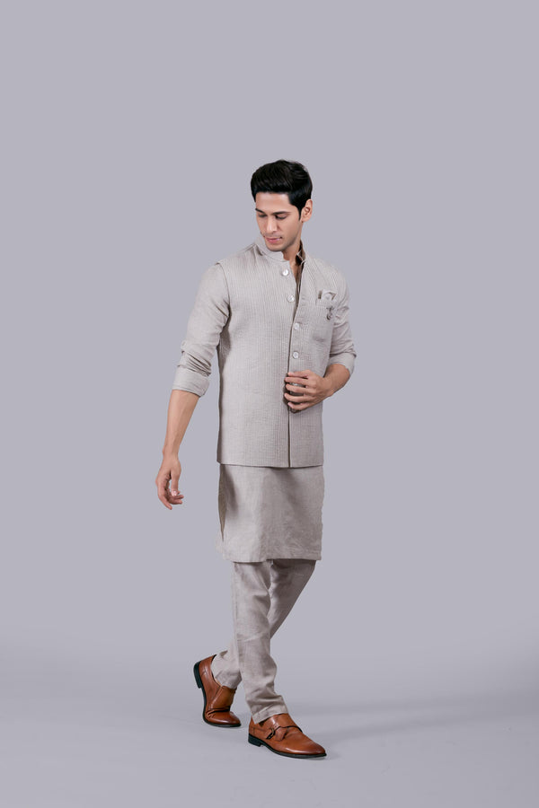 BEIGE LINEN PLAIN BUNDI SET