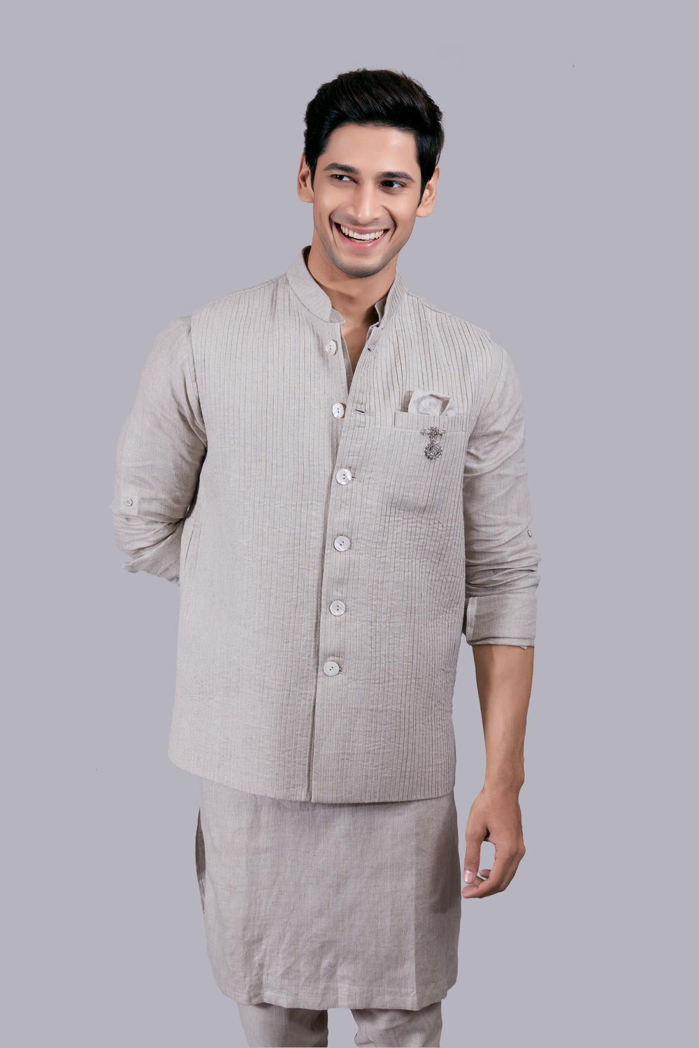 BEIGE LINEN PLAIN BUNDI SET
